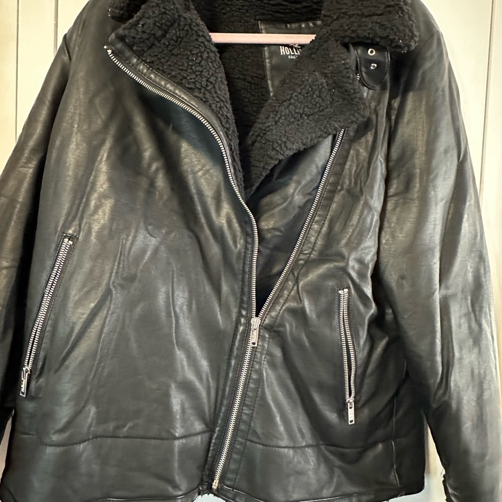 Hollister Women's Dark Leather Jacket with Shearling Collar